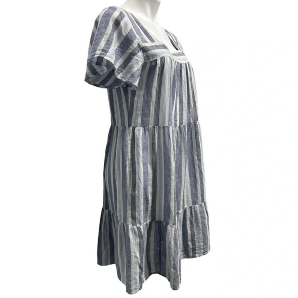 BeachLunchLounge Blue White Striped Linen Blend Tiered Short Sleeve Sundress - Picture 4 of 9